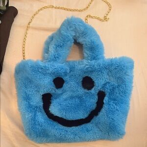 Blue Fuzzy Smiley Face Tote Bag
